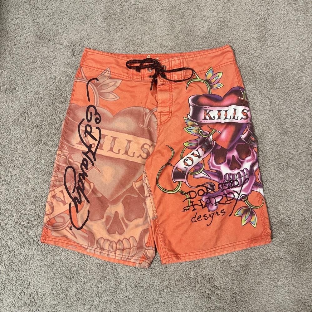 Ed Hardy VTG Y2k Love Kills Slowly Swim Trunks Board Shorts Size 33